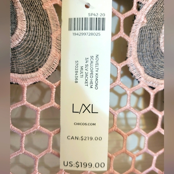 Chico's Embroidered Scalloped-Hem Kimono Jacket Size L/XL Pink/Grey/Silver NWT - Picture 3 of 6